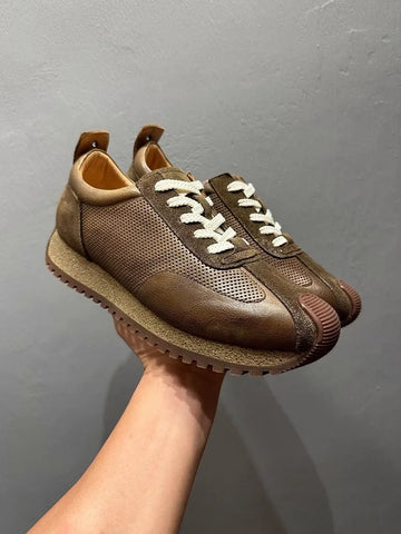 Leather Spliced Lace Up Sneakers